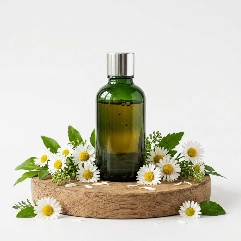 Verdelume botanical serum on wooden platform with daisies