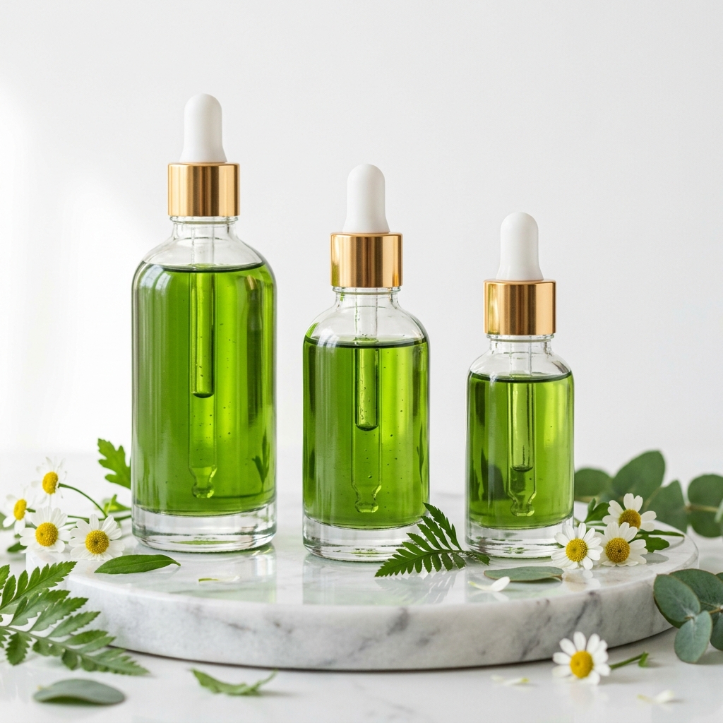 Verdelume premium skincare collection - botanical serums on marble platform