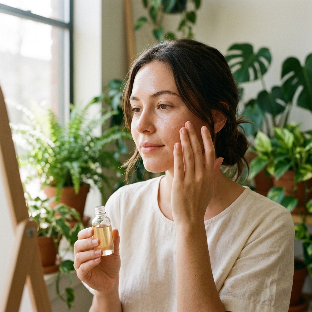 Woman applying organic skincare serum surrounded by botanical plants